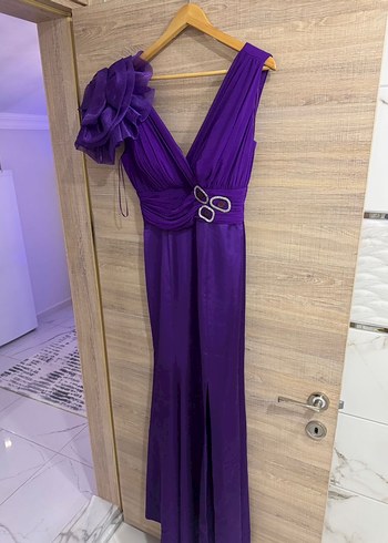 Mor Drapeli V Yaka Uzun Abiye Elbise - Görsel 5