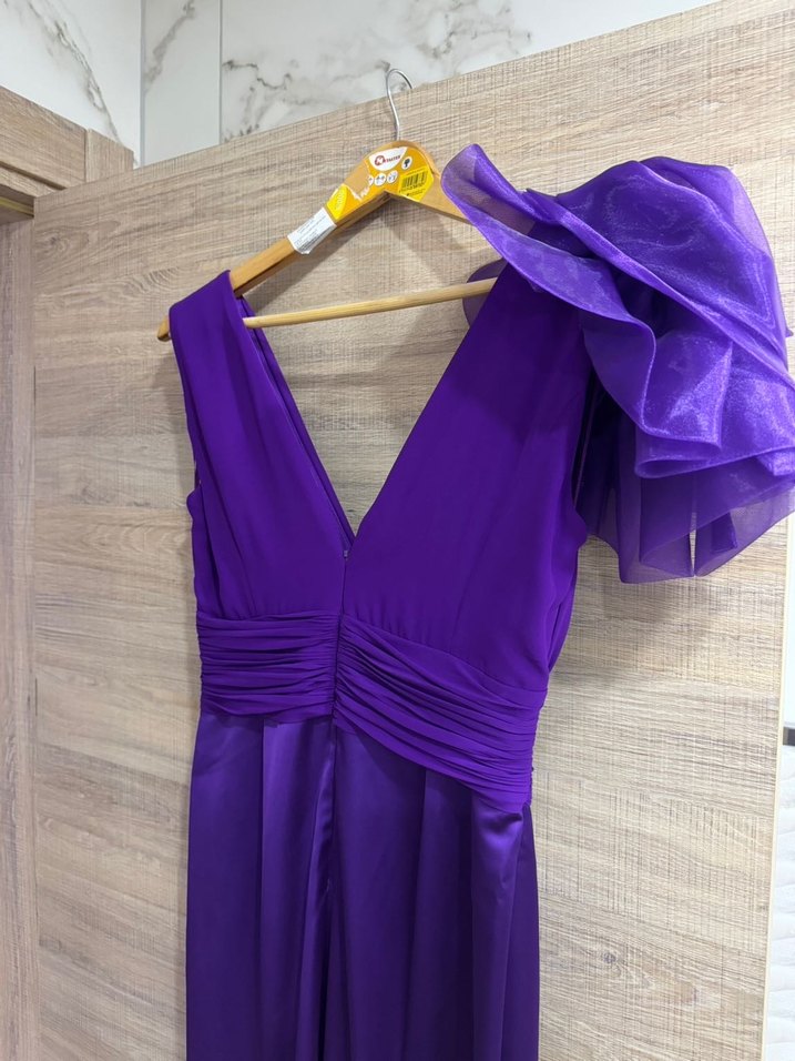 Mor Drapeli V Yaka Uzun Abiye Elbise - Görsel 4