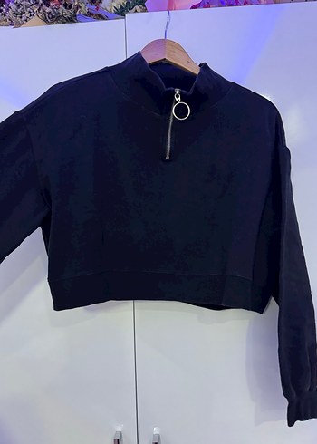 Fermuarlı Siyah Kadın Yarım Sweatshirt - Görsel 3
