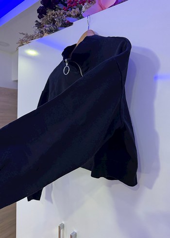 Fermuarlı Siyah Kadın Yarım Sweatshirt - Görsel 2