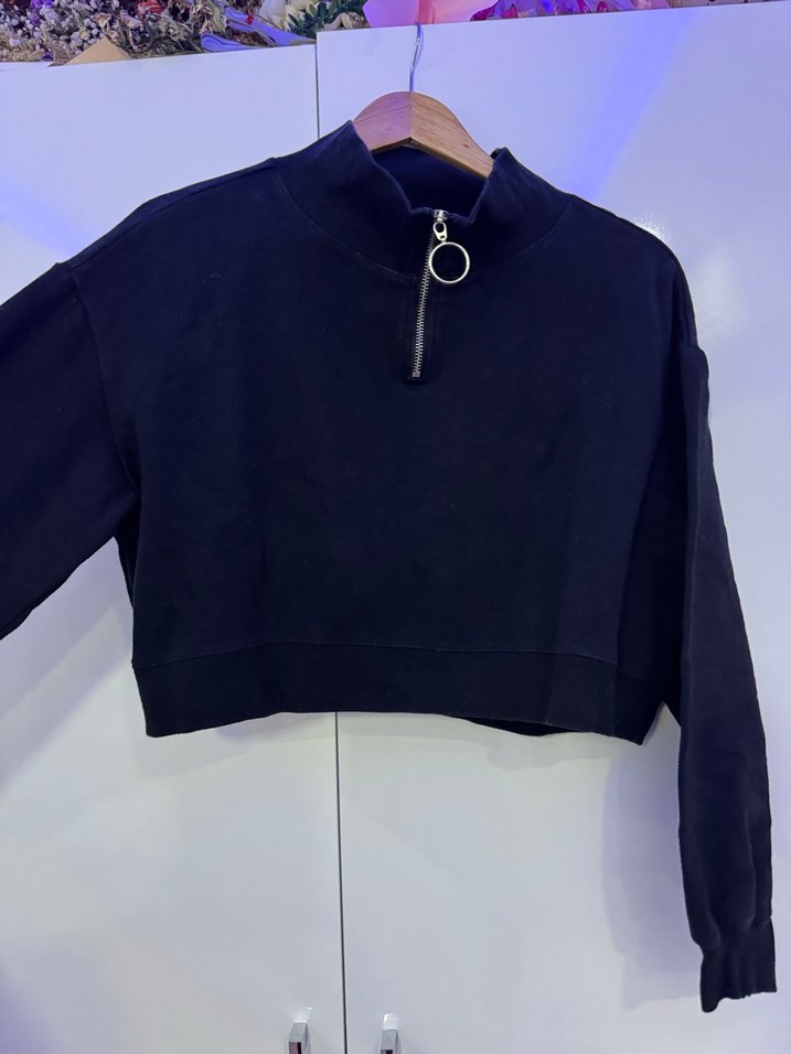 Fermuarlı Siyah Kadın Yarım Sweatshirt - Görsel 3