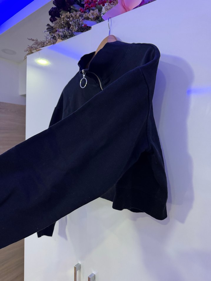 Fermuarlı Siyah Kadın Yarım Sweatshirt - Görsel 2