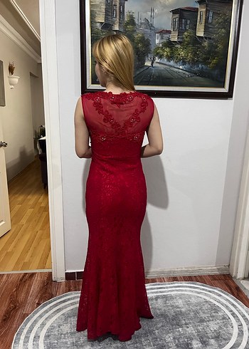 Bordo Dantel Detaylı Uzun Abiye Elbise - Görsel 2