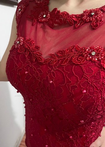 Bordo Dantel Detaylı Uzun Abiye Elbise - Görsel 4