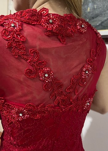 Bordo Dantel Detaylı Uzun Abiye Elbise - Görsel 3