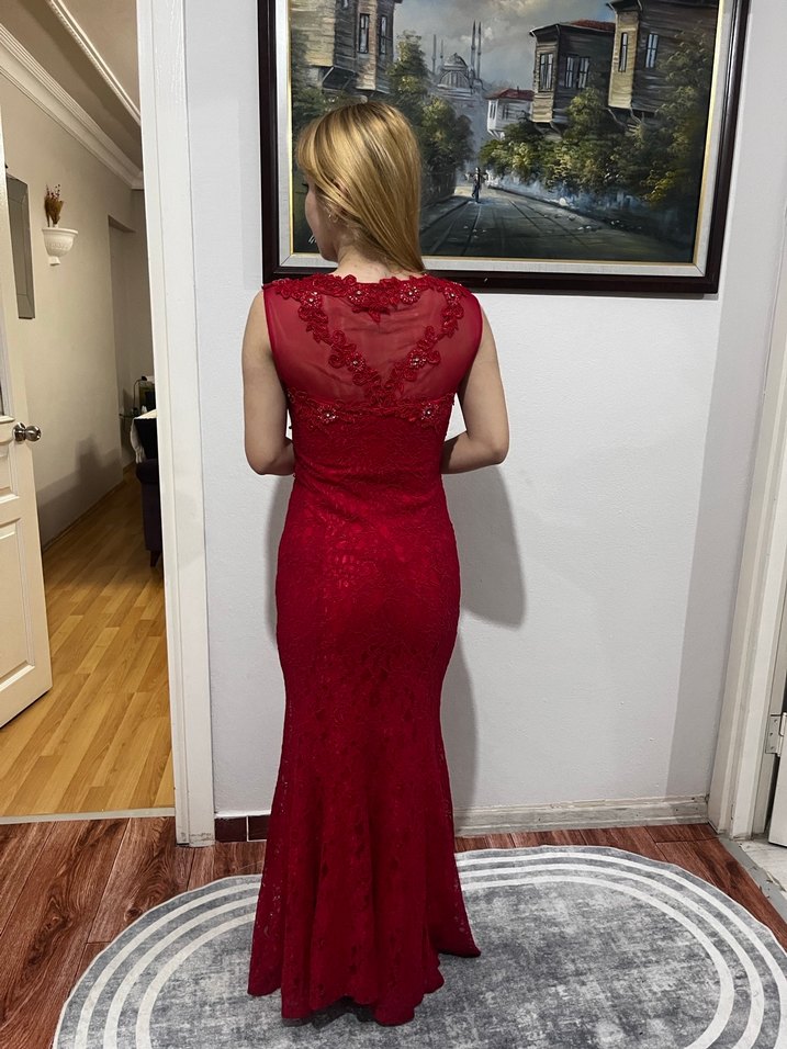 Bordo Dantel Detaylı Uzun Abiye Elbise - Görsel 2