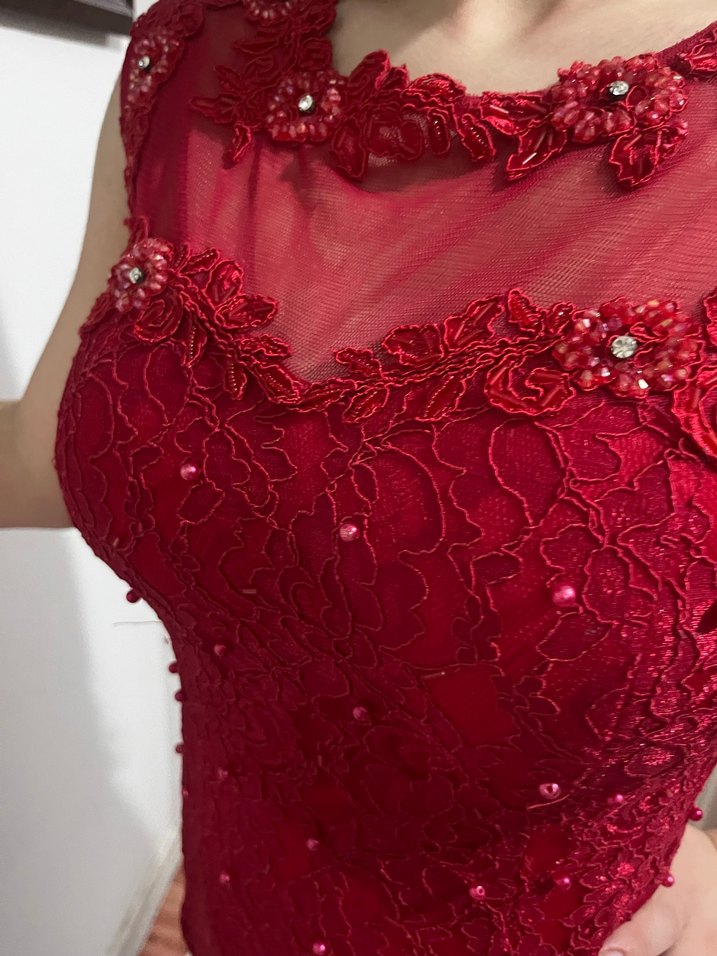 Bordo Dantel Detaylı Uzun Abiye Elbise - Görsel 4