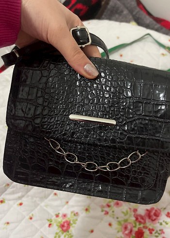 Siyah Yılan Derisi Desenli Deri Kadın Çanta - Görsel 2