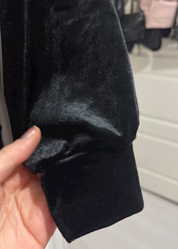 Uzun Kollu Siyah kadife yanları büzgülü Midi Elbise - Görsel 2