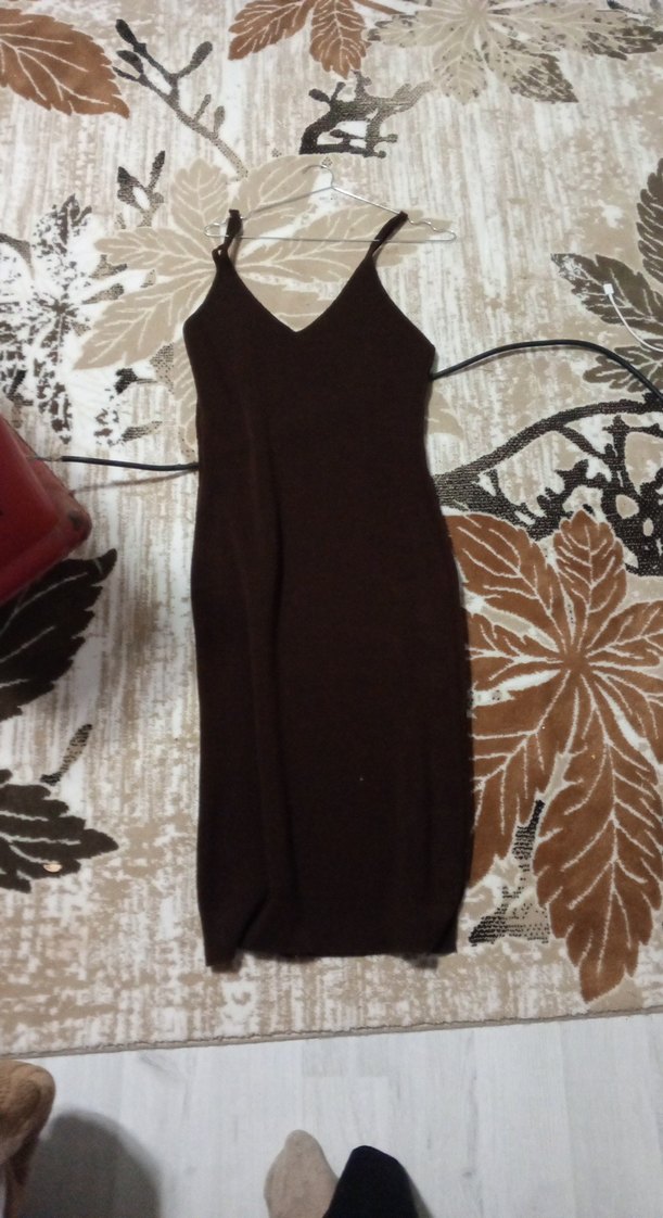 Kahverengi Uzun Kollu Triko Elbise - Görsel 2