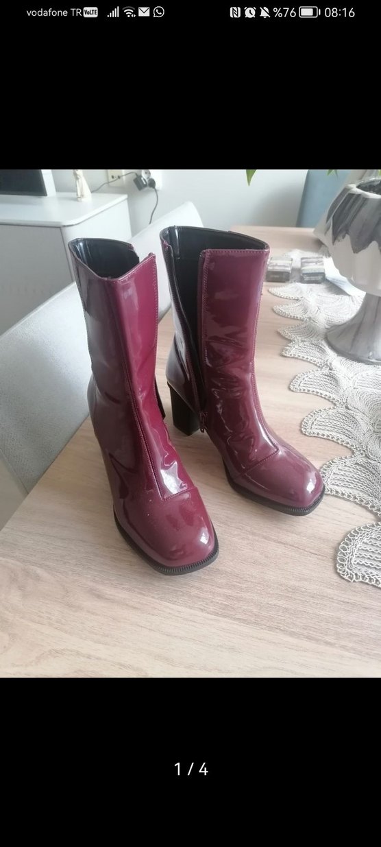 Bordo Parlak Tokalı Blok Topuklu Kadın Bot - Görsel 4