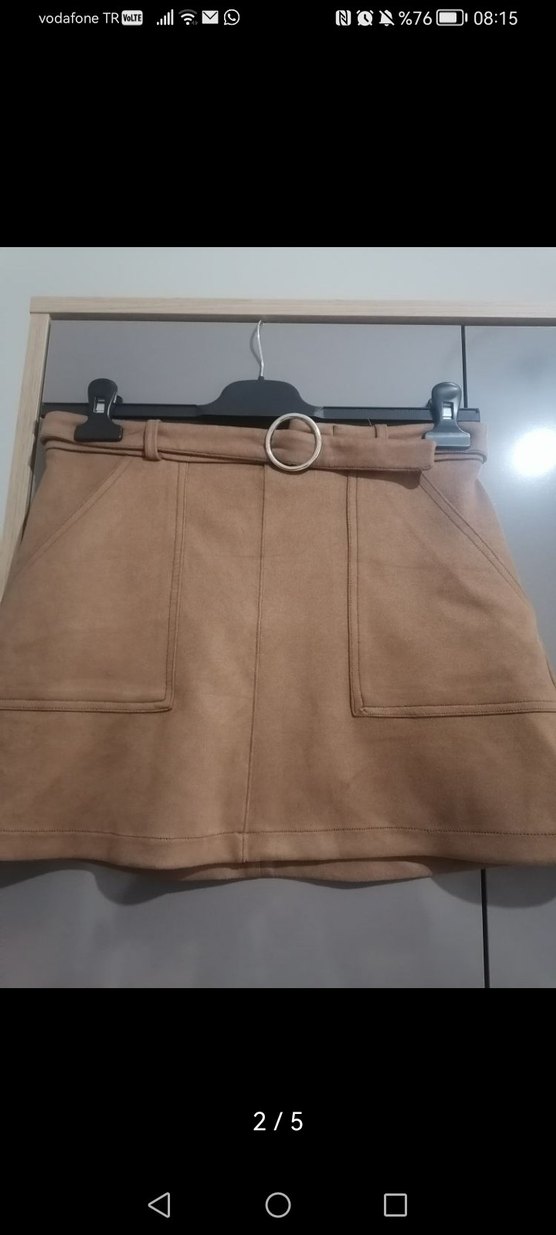 Bej Süet Kemerli Mini Etek - Görsel 2