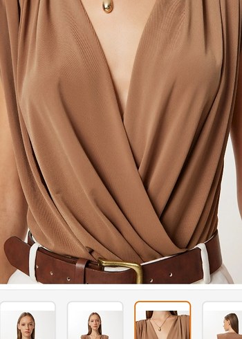 Bej Kemerli V Yaka Kolsuz Bluz - Görsel 2