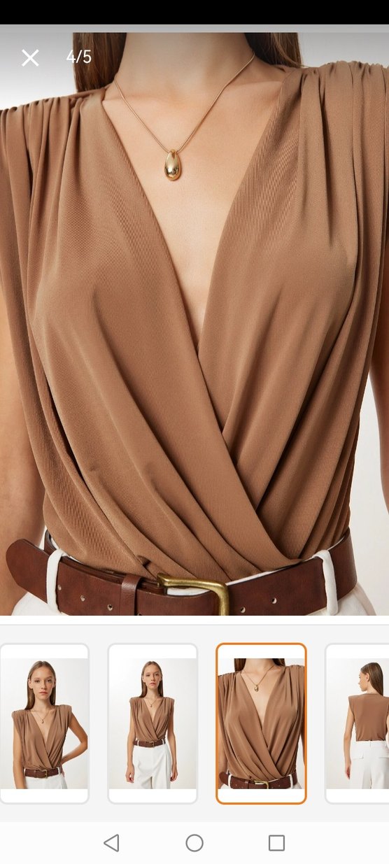 Bej Kemerli V Yaka Kolsuz Bluz - Görsel 2