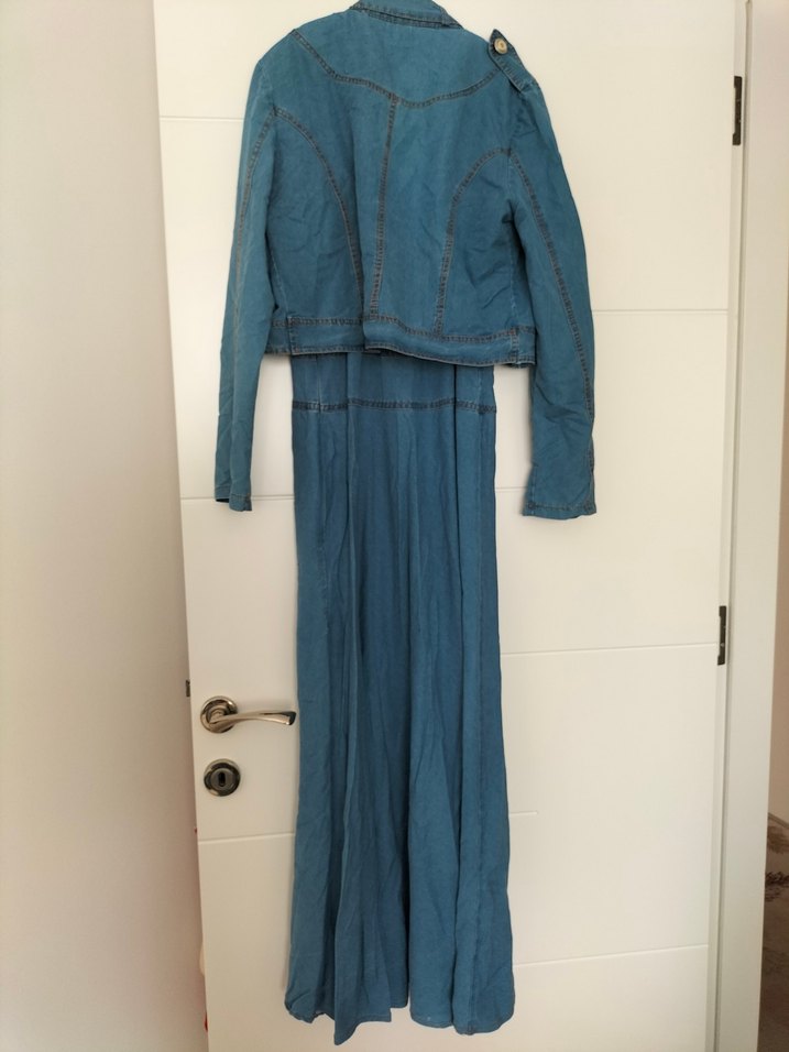 Düğmeli Mavi Uzun Kot Kadın Takım - Görsel 2