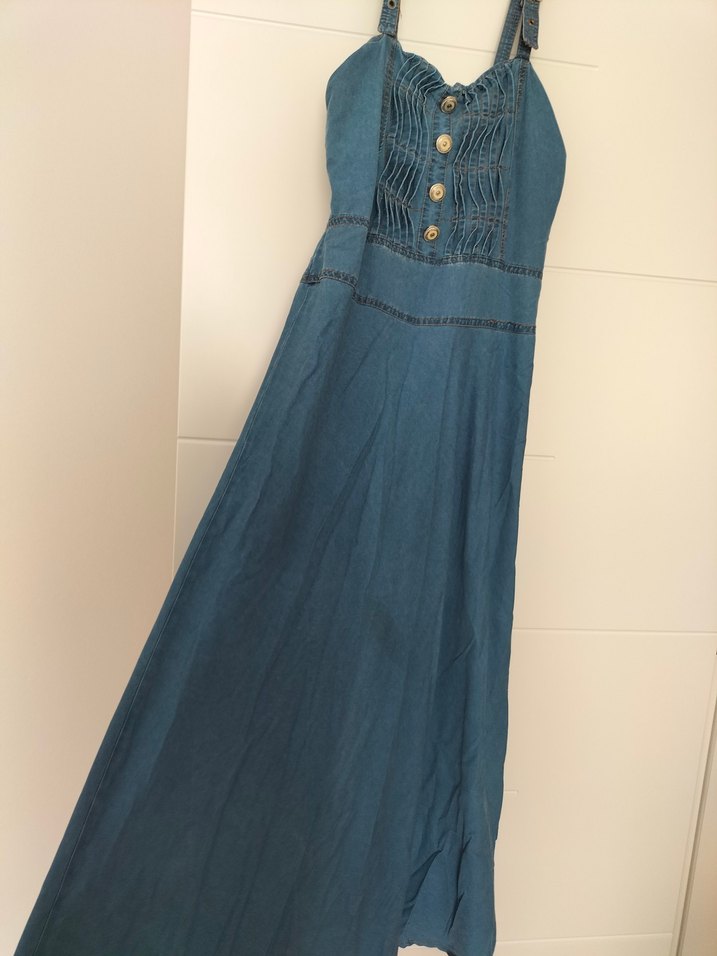 Düğmeli Mavi Uzun Kot Kadın Takım - Görsel 5