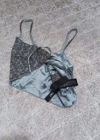 Gri Nakışlı Dantel Detaylı Mini Büstiyer - Görsel 3