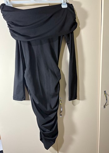 Madonna yaka büzgülü uzun kollu mini elbise - Görsel 2