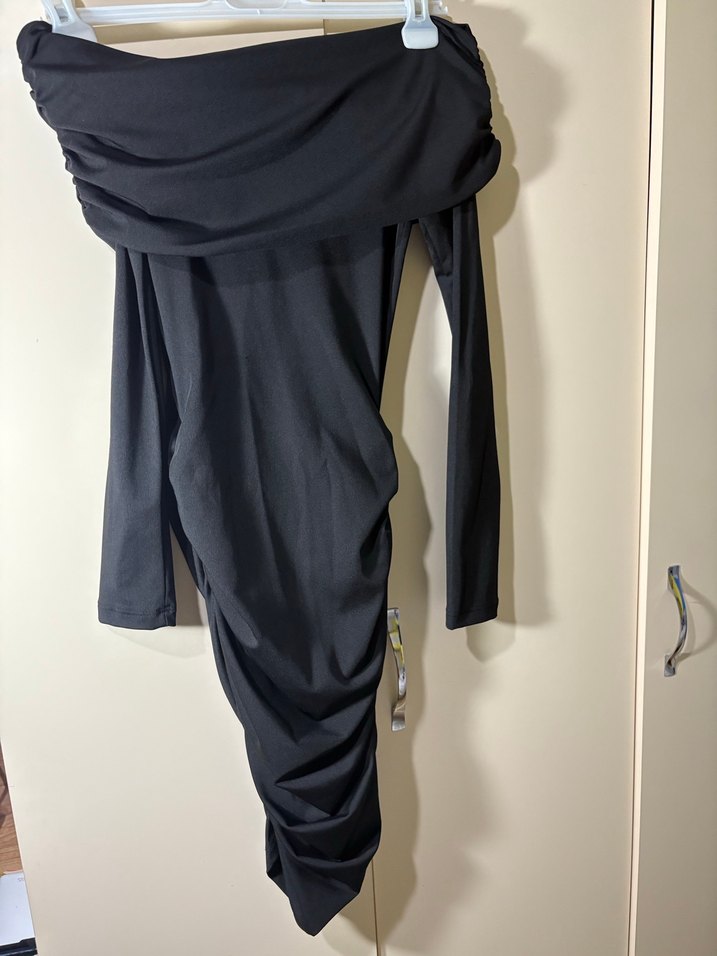 Madonna yaka büzgülü uzun kollu mini elbise - Görsel 2