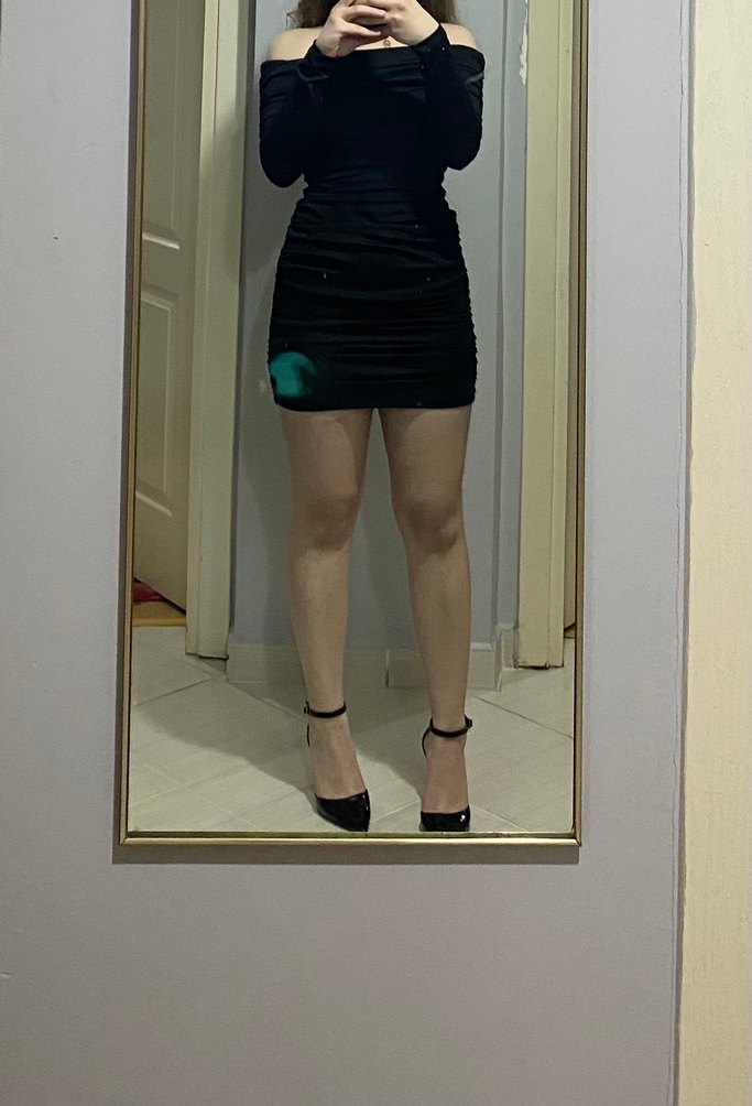 Madonna yaka büzgülü uzun kollu mini elbise - Görsel 4