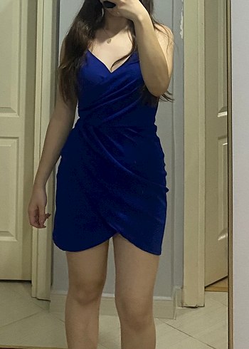 Mavi Drapeli Midi Sırtı Açık Kadın Elbise - Görsel 4