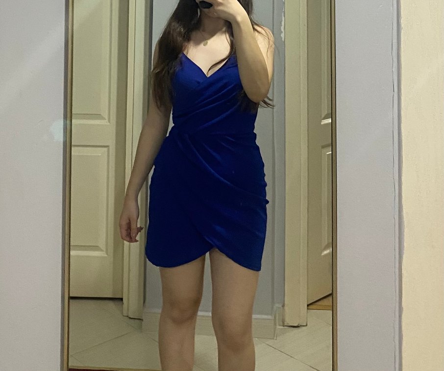 Mavi Drapeli Midi Sırtı Açık Kadın Elbise - Görsel 4