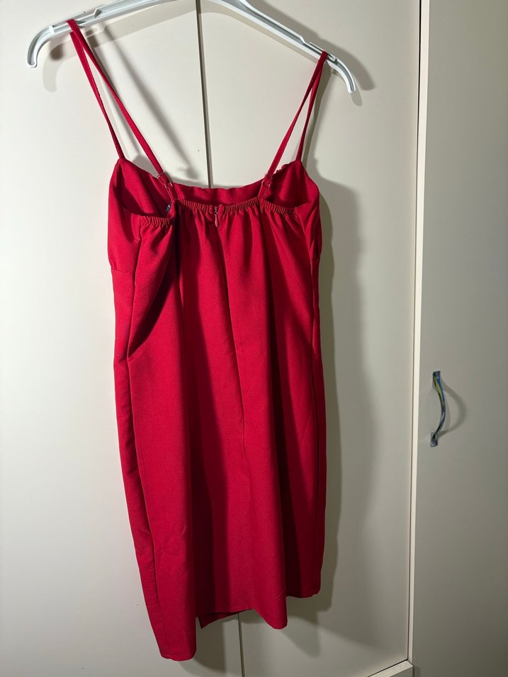 Kırmızı Drapeli İnce Askılı Mini Elbise - Görsel 2