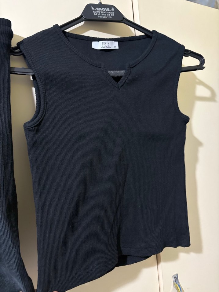 Siyah Kolsuz V Yaka Keten Kadın takım - Görsel 5