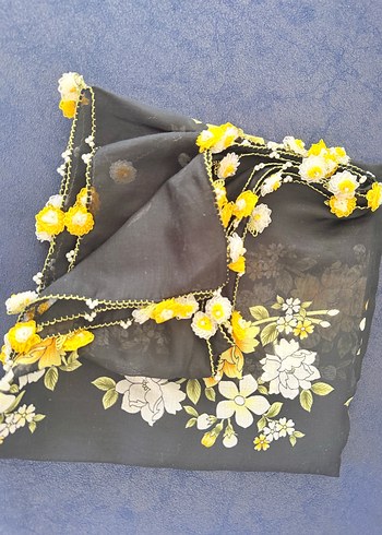 Bohem siyah İpek Şal Sarı Çiçek Desenli - Görsel 2