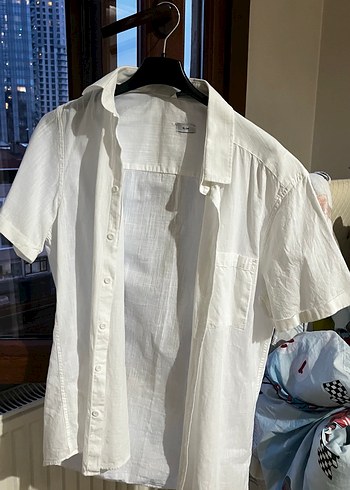 Erkek Beyaz Keten Kısa Kollu Gömlek - Görsel 4
