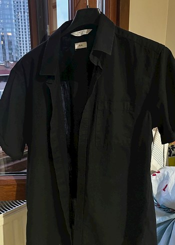 Erkek Siyah Kısa Kollu Keten Gömlek - Görsel 5