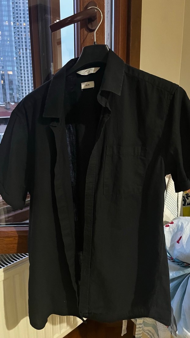 Erkek Siyah Kısa Kollu Keten Gömlek - Görsel 5