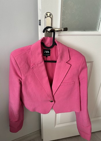 Pembe Düğmeli Kısa crop Kadın Blazer Ceket - Görsel 2
