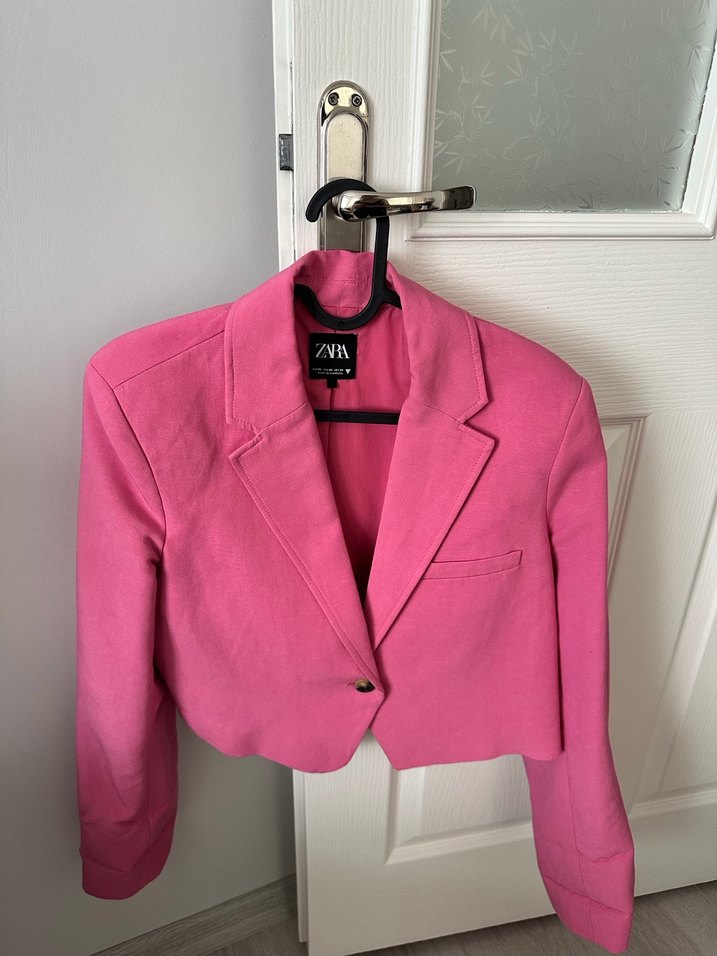 Pembe Düğmeli Kısa crop Kadın Blazer Ceket - Görsel 2