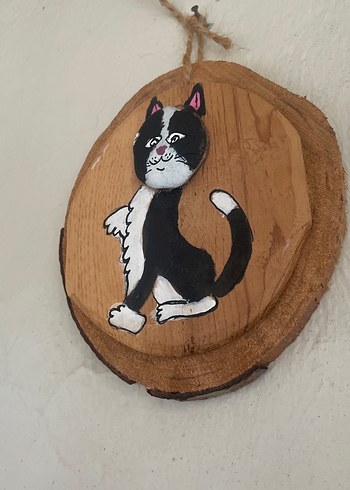 Ahşap Üzerine El Boyaması Kedi Figürü - Görsel 2
