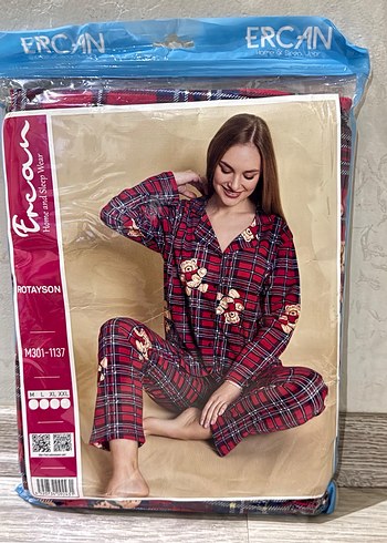 Bordo Uzun Kollu Ayıcık Desenli Kadın Pijama Takımı - Görsel 2