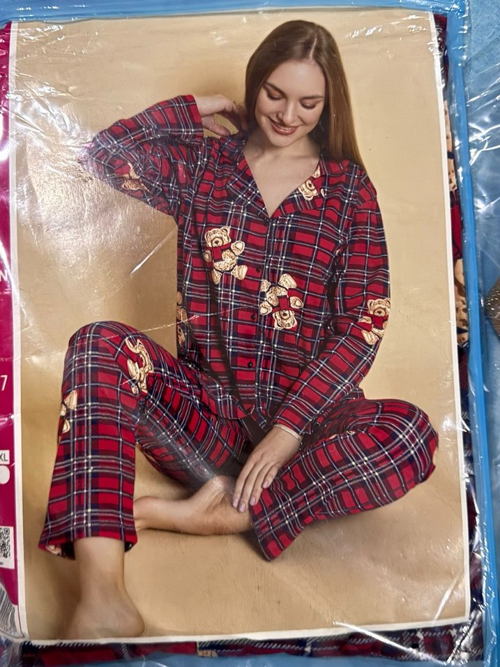 Bordo Uzun Kollu Ayıcık Desenli Kadın Pijama Takımı - Görsel 4