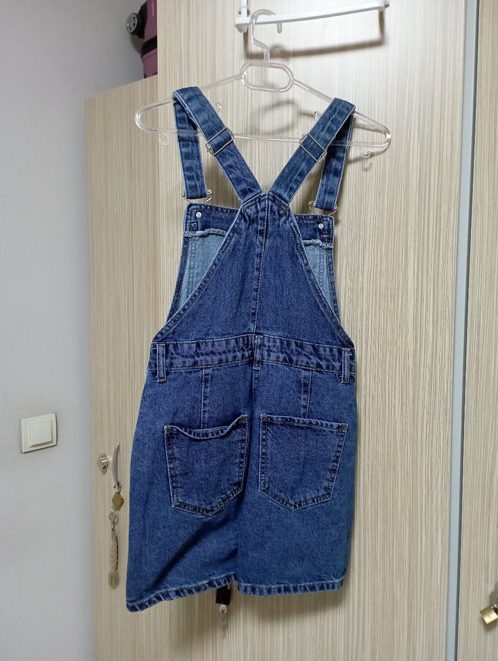 Kadın Mavi Denim Askılı Mini Salopet - Görsel 2