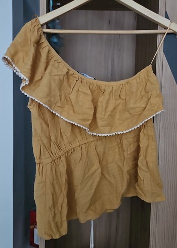 Bej Keten Tek Omuz Salaş Mini Bluz - Görsel 2