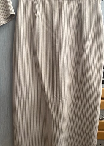 Düğmeli, Kısa Kollu pudra gri çizgili etek ceket takım - Görsel 2