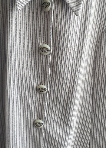 Düğmeli, Kısa Kollu pudra gri çizgili etek ceket takım - Görsel 4