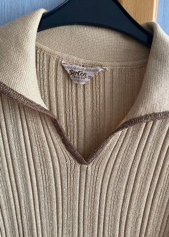 Bej Uzun Kollu Yüksek Yakalı Triko Elbise - Görsel 2