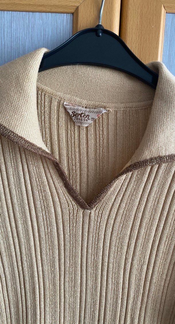 Bej Uzun Kollu Yüksek Yakalı Triko Elbise - Görsel 2