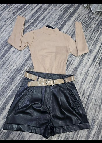 Kadın Siyah Deri Mini Şort takım - Görsel 2