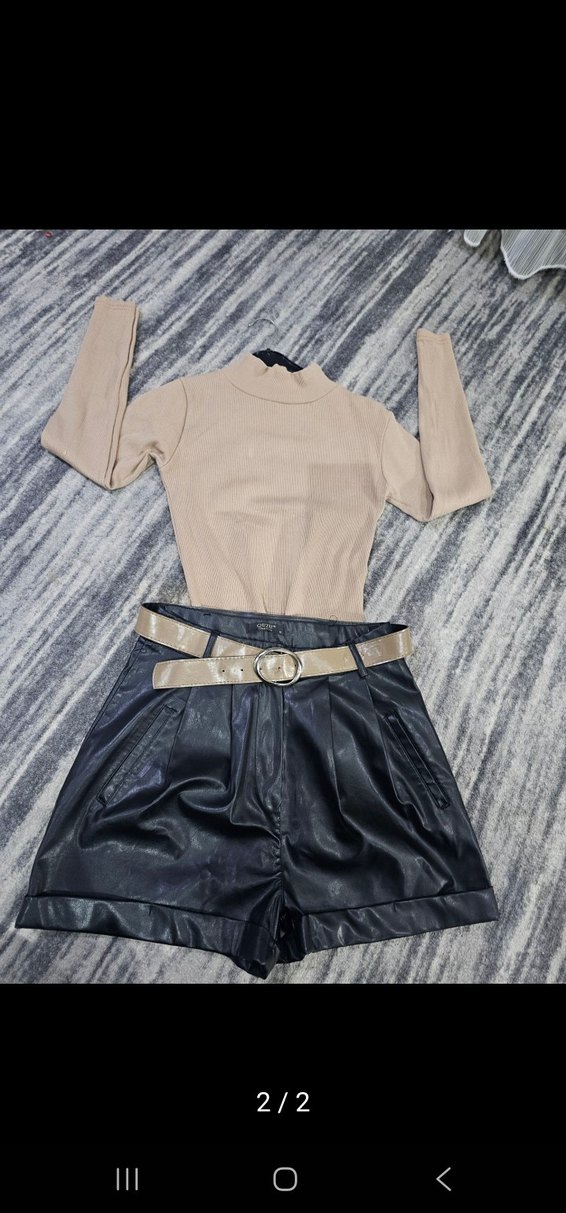 Kadın Siyah Deri Mini Şort takım - Görsel 2