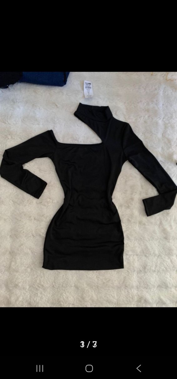 Siyah Deri Mini Elbise, Uzun Kollu, Yüksek Yaka - Görsel 3