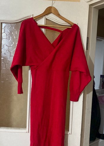 Kırmızı Uzun Kollu V Yakalı Triko Elbise - Görsel 3