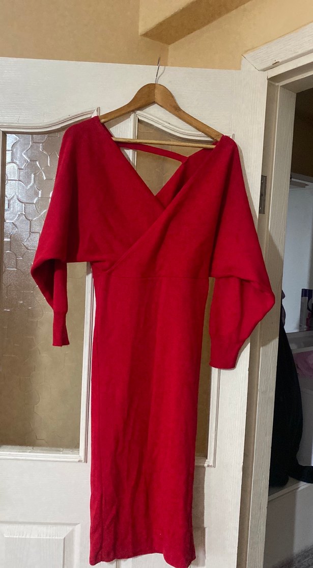 Kırmızı Uzun Kollu V Yakalı Triko Elbise - Görsel 3