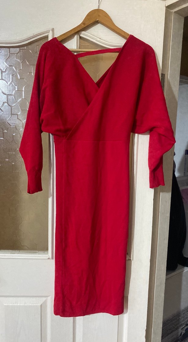 Kırmızı Uzun Kollu V Yakalı Triko Elbise - Görsel 2