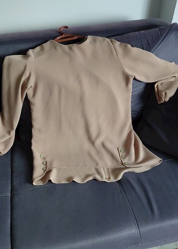 Bej Düğmeli Kadın Keten Bluz - Görsel 2